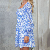 LIZAKOSHT - New Elegant Printed Mini Dress French 2024 Square Collar Swing A-line Dress Women All Match Long Sleeve Spring Autumn Mini Dress