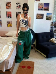 LIZAKOSHT - Sports Pants Two-Bar Letter Printing American Summer Women Green Loose Straight Mop The Floor Leisure Wide-Leg Pants Tide
