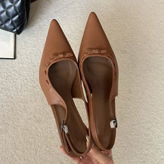 LIZAKOSHT - Spring Brown Fashion Slingbacks Thin Low Heels Elegant Butterfly-knot Buckle Strap Woman Pumps Party Wedding Shoe