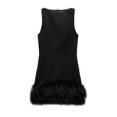LIZAKOSHT - Sleeveless Feather Short Dress Black Women Socialite Party Evening Gown Round Neck Slim Fit Plush Ladies Fashion Slimming Dress