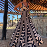 LIZAKOSHT - 2025 Elegant Geometric Pattern Printed Women Big Swing Long Dresses V Neck Sleeveless Strap Backless Bohemian Vacation Robe