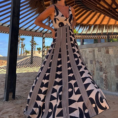 LIZAKOSHT - 2025 Elegant Geometric Pattern Printed Women Big Swing Long Dresses V Neck Sleeveless Strap Backless Bohemian Vacation Robe