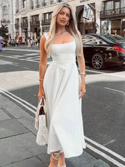 LIZAKOSHT - Woman Clothing Square Collar Sleeveless White Long Dress Ladies Fashion High Waist Backless A-line Party Dresses 2024 Streetwear