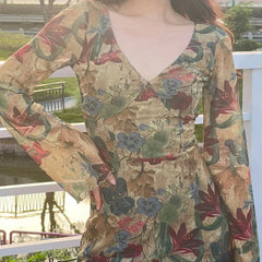 LIZAKOSHT - Temperament Commuter Skirt Spice Girl Retro Oil Painting Printed Gauze Dress Autumn and Winter Fashion Women's Dress