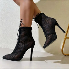 LIZAKOSHT - New Black Mature Mesh Women Boots High Heel Pumps Floral Lace-Up Thin High Heels Ankle Pointed Toed Party Wedding Shoes