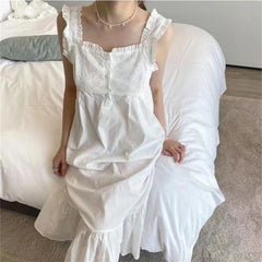 LIZAKOSHT - White Korean Autumn Nightgown Women Sleeveless Square Collar Long Sleepwear Lace Crochet French Night Dress Elegant Sweet