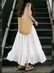 LIZAKOSHT - Summer Korean Solid Casual Loose A-LINE Flower Embroidery White Patchwork Ruffles Skirts