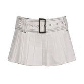 LIZAKOSHT - American Miniskirt Hot Girl Belt Denim Pleated Skirt Low Waist Overskirt Slim Legs Long Hot Girl