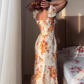 LIZAKOSHT - Floral Print Long Dress Women Y2K Square Neck Waist Cinching Spring European American Gentle Pastoral Style Maxi Dress