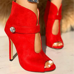 LIZAKOSHT - Suede Stiletto Heels Peep Toe Women Sandals Shoes Sexy Women's Buckle Metal Decoration Sandals