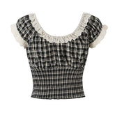 LIZAKOSHT - Summer Women Plaid Spliced Lace Bow O Collar Elastic Strap Tank Top Slim Corset Wood ears Slim Waist Elastic Back Crop Vest