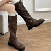 LIZAKOSHT  -  Vintage Belt Buckle Women Knee High Boots Elegant Low Heel Slip On Shoes Autumn Winter Ladies Knight Long Booties