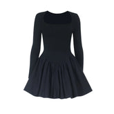 LIZAKOSHT - Classic Black Princess Fluffy Dress For Women Elegant Crew Neck Long-sleeved High Waist Pleated Mini Gowns Party Streetwear