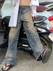 LIZAKOSHT  -  Washed Patchwork High Waist Jeans for Women American Vintage Distressed Straight Jeans Hip Hop High Street Wide Leg Trousers