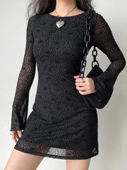 LIZAKOSHT - Black Ruffle High Waist Mini Dress Women's Sexy Slim Long Sleeve Short Skirt Fall Pullover Bodycon Party Dress Women