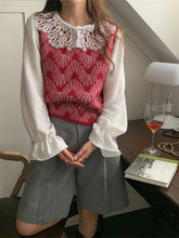 LIZAKOSHT - Vintage Wide Leg Shorts Women Chic Office Lady Peter Pan Collar Shirts Autumn Elegant Knitted Sweet Sweaters Vest