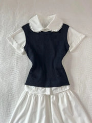 LIZAKOSHT - Korea Chic Patchwork 3-piece Set Women White Shirt + solid Vest + Short Skirt Suit Women Babydoll Collar Short-sleeved Set