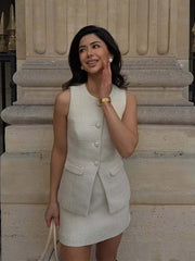 LIZAKOSHT - Elegant Tweed Vest Mini Skirt Woman's Set Vintage White O-neck Single Breasted Vests A-lined Skirts Sets Lady Chic Street Outfit