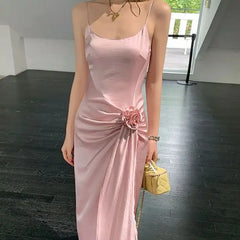 LIZAKOSHT - Suspender Dress Slit Satin Rose Flower Ribbon Pleated Design Pink High Quality Summer New Niche Suspender Long Dress