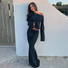 Lizakosht 2 Piece Set Tie Up Long Sleeve Top and Maxi Skirt Set Two Sides Wear Matching Sets Elegant Sexy Fall Winter Streetwear Skirt Set