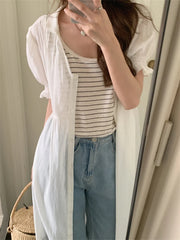 LIZAKOSHT - White Summer Slim Long Dress Sweet Women Chic Short Puff Sleeve Streetwear Mujer OL All Match Elegant Daily