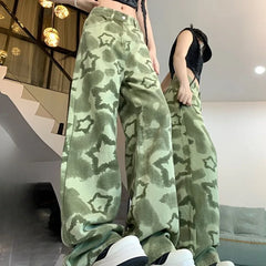 LIZAKOSHT - Green Print Women Pants Streetwear Spring Autumn Y2k Pantalones Mujer Fashion Vintage Loose Hiphop Trousers