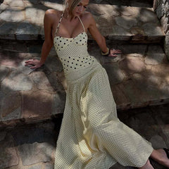 LIZAKOSHT - Women Polka Dot Halter Neck Maxi Dress Ruched A Line Vintage Elegant Holiday Beach Vacation Dress Spring Summer Outfit
