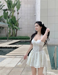 LIZAKOSHT - French Lace Mesh Short Dress Women Casual Floral Dress Party Even Lady Slim Sexy One Piece Dress Korean 2024 Summer