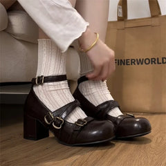 LIZAKOSHT - Design Cross Strap Women Mary Jane Shoes Fashion Thick Heel Shoes Autumn Ladies Outdoor Dress Stripper Leather Shoes