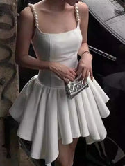 LIZAKOSHT - Elegant White Pearl Spaghetti Strap Mini Dress Asymmetrical Pleated Birthday Dress For Women Summer Fashion Ladies Dresses
