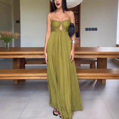 LIZAKOSHT - Backless Sexy Camisole Dress Women 2025 Summer Casual Sleeveless Wrap Long Dresses Lady Vacation Beach Tourism High Waist Dress