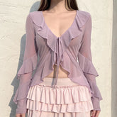 LIZAKOSHT - Fairy Temperament Ruffle V Neck Long Sleeve Mesh Thin Shirts Y2k Summer Elegant Simple Lace Up Cardigan Harajuku Punk Street Top