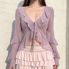 LIZAKOSHT - Fairy Temperament Ruffle V Neck Long Sleeve Mesh Thin Shirts Y2k Summer Elegant Simple Lace Up Cardigan Harajuku Punk Street Top
