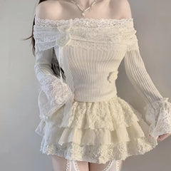 LIZAKOSHT - Korean Fashion Lolita Style Skirt Sets Women Sweet Flower Lace Slash Neck Knitted Tops Y2k Mini Cake Skirts Vintage Elegant Suit