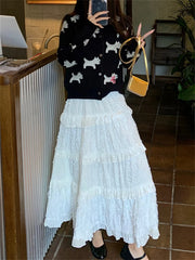 LIZAKOSHT - White Cake Long Skirts Sweet Women Patchwork Ruffles Chic 2024 Loose New Spring Casual Sweaters Mujer Office Lady