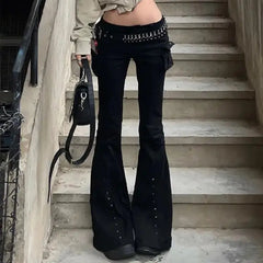 LIZAKOSHT  -  American Overalls Multi-Pocket Rivets Autumn Winter New Spice Girls Low Waist Slim Micro Bell Bottoms