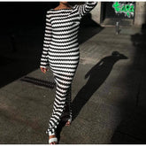 LIZAKOSHT - 2026 Women's New One-word Neck Split Skirt Slim-fitting Striped Long-sleeved Knitted Dress Women