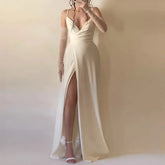 LIZAKOSHT - Women Sexy Sleeveless Backless Gowns Dress Elegant Deep V-neck Split Suspender Dress Summer Fashion Hight Waist Solid Long Dress