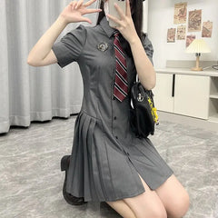 LIZAKOSHT - Women Dress Sweet Original JK Uniform Mini Dresses Gray Slim Preppy Pleated Short Skirts Summer Female Trendy Clothes