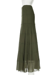 LIZAKOSHT - Vintage Patchwork Mesh A-Line Skirt Casual Solid Low-Waisted Maxi Skirts Women Autumn Spring Fashion Streetwear