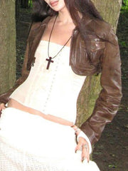 LIZAKOSHT  -  Vintage Lapel Neck Zpper Jackets Women Chic Short PU Leather Coat Fashion Korean All Match Long Sleeve Tops Y2k Clothes