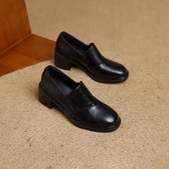 LIZAKOSHT - NEW Spring Women Loafers Split Leather Women Shoes Round Toe Chunky Heel Shoes Concise Slip-on Daily Ladies Shoes