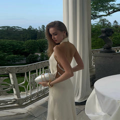 LIZAKOSHT - Sexy Hanging Neck Pearl Trim Backless Maxi Dress Women Fashion Slim Fit Robes Lady 2025 Summer Evening Birthday Party Club Dress