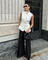 LIZAKOSHT  -  Women Sleeveless Blazer Vest White Office Waistcoat Slim Fit Workwear Summer Business Casual Top Elegant Stand Collar