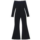 LIZAKOSHT - Fall Winter Elegant Off Shoulder Lace Patchwork Jumpsuit Women Long Sleeve Solid Black Slim Fit Fashion Street Outfit
