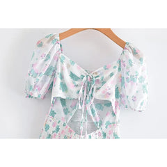 LIZAKOSHT  -  Floral Print Chiffon Summer Dress 2024 Women Vintage Puff Sleeve Drawstring V Neck Short Holiday Dresses Hollow Out Robe