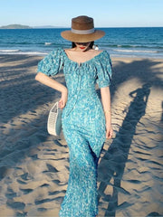 LIZAKOSHT - Elegant Holiday Puff Sleeve Long Dress Blue Print Off Dress For Women Sexy Korean High Waist Beach Vestido