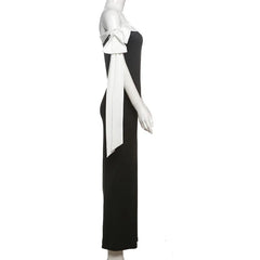 LIZAKOSHT - Spring New Women's Elegant Style One Shoulder Strap Color Matching Slimming Dress