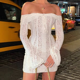 LIZAKOSHT - Sexy Slim One Shoulder Lace Dress Women's Stylish High-Waist Lace Up Flared Sleeves Party Club Dresses Female Summer New