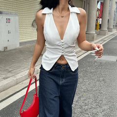 LIZAKOSHT  -  Women Casual V-neck Buttons Sleeveless Shirt Vest Minimalist Office Wear Lady Waistcoat Fashion Elegant White Tanks
